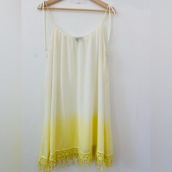 Yellow Ombre Cover up Dress with Embroidered Fringe Size L Vacation Resort - Picture 7 of 8
